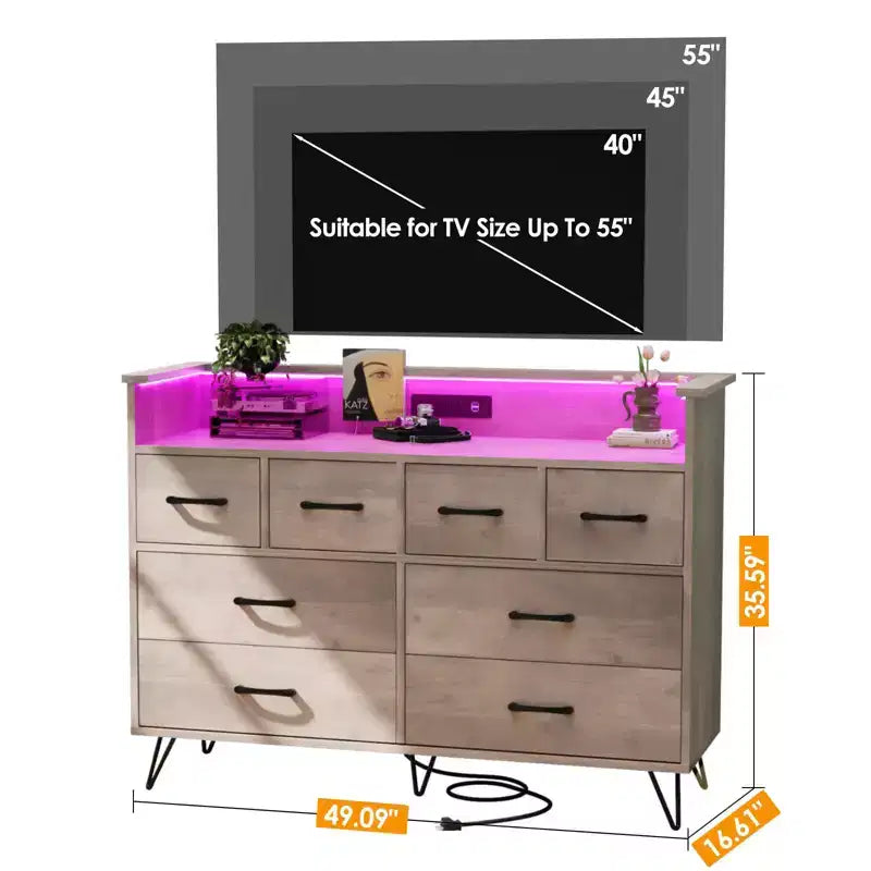 Comò con Presa di Corrente, Comò in Legno a 8 Cassetti per Camera da Letto, Cassettiera Moderna con Maniglie Dorate e Spazio di Archiviazione Aperto per Armadio, Ingresso