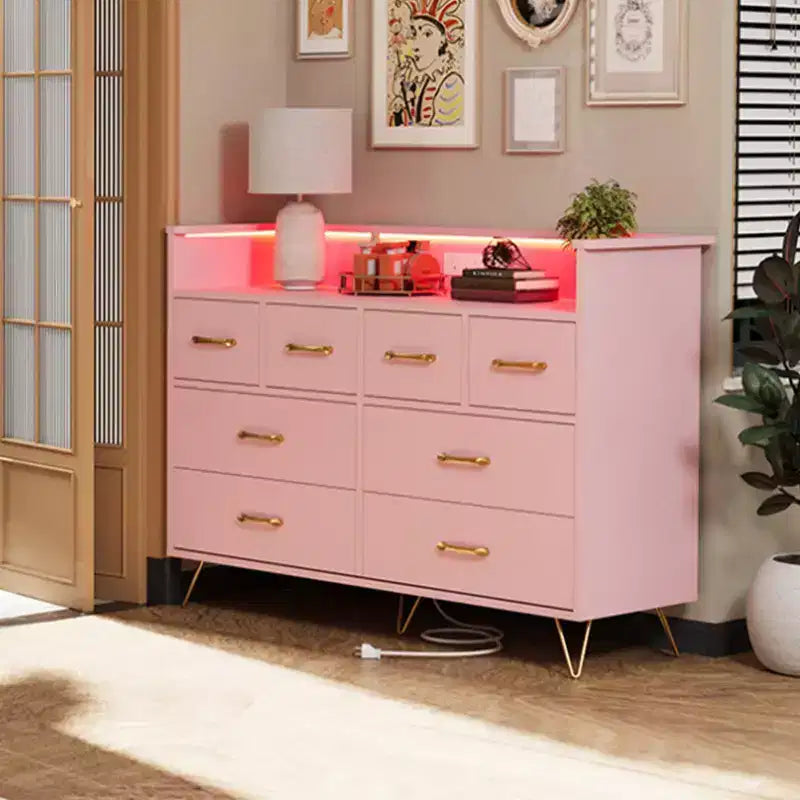 Comò con Presa di Corrente, Comò in Legno a 8 Cassetti per Camera da Letto, Cassettiera Moderna con Maniglie Dorate e Spazio di Archiviazione Aperto per Armadio, Ingresso