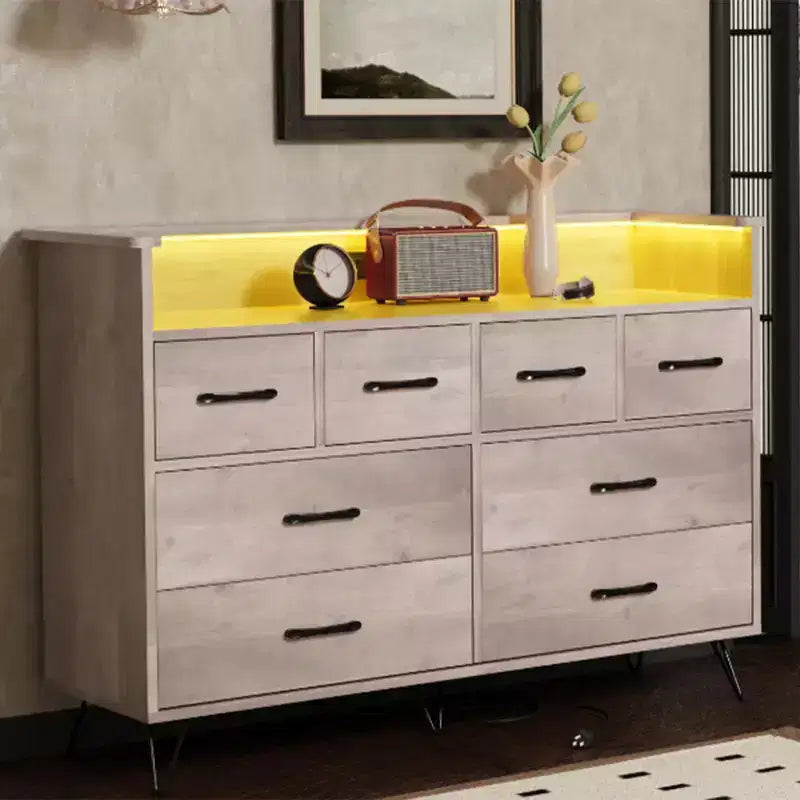 Dresser with Power Outlet, Wood 8 Drawer Dresser for Bedroom, Modern Chest of Drawers with Gold Handles and Open Storage Space for Closet, Entryway