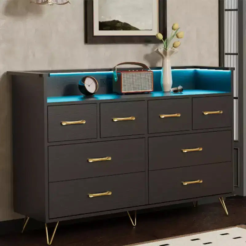 Dresser with Power Outlet, Wood 8 Drawer Dresser for Bedroom, Modern Chest of Drawers with Gold Handles and Open Storage Space for Closet, Entryway