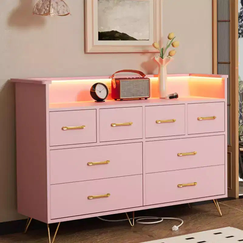 Dresser with Power Outlet, Wood 8 Drawer Dresser for Bedroom, Modern Chest of Drawers with Gold Handles and Open Storage Space for Closet, Entryway