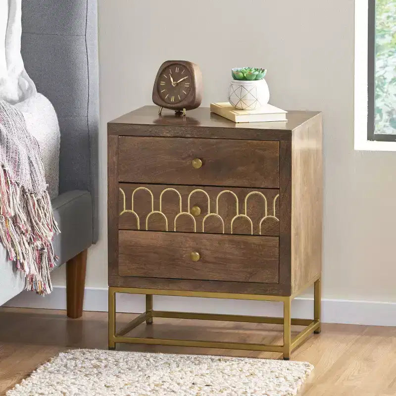 Nightstand End Table Bed Beside Table Sofa Side Table Accent Table with 3 Drawers, Mango Wood - ModernLuxe