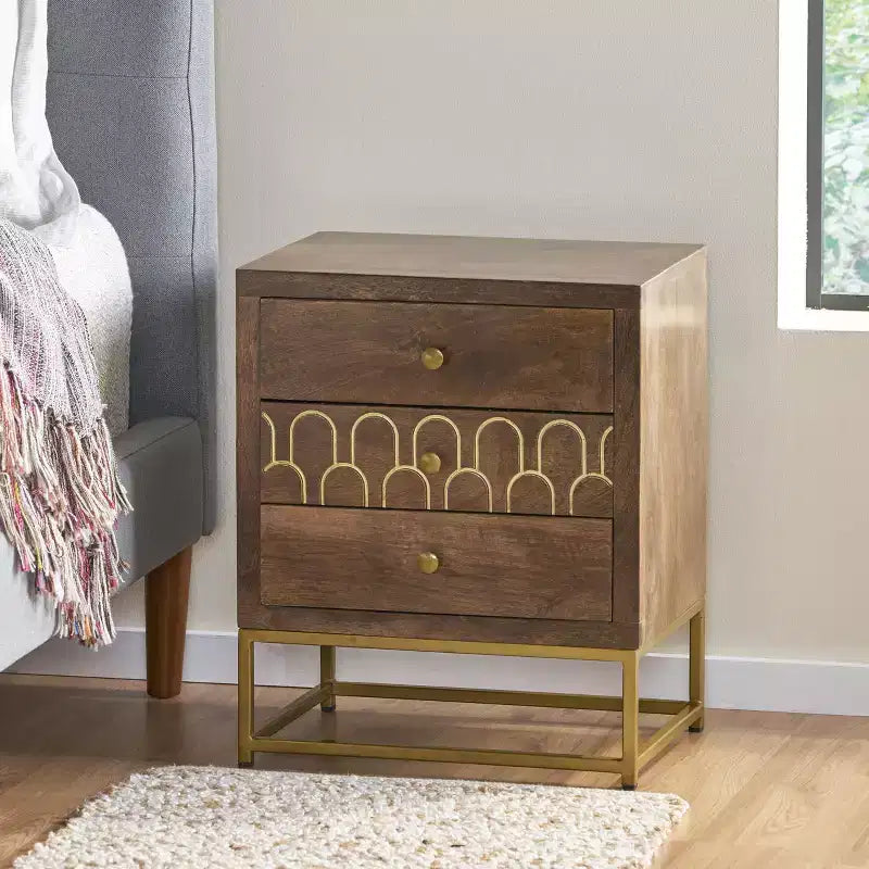 3-Drawer Mango Wood Nightstand with Iron Legs, Mid-Century Modern Bedside Table