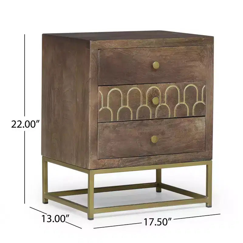 3-Drawer Mango Wood Nightstand with Iron Legs, Mid-Century Modern Bedside Table