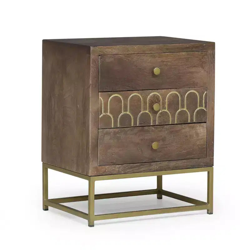 3-Drawer Mango Wood Nightstand with Iron Legs, Mid-Century Modern Bedside Table