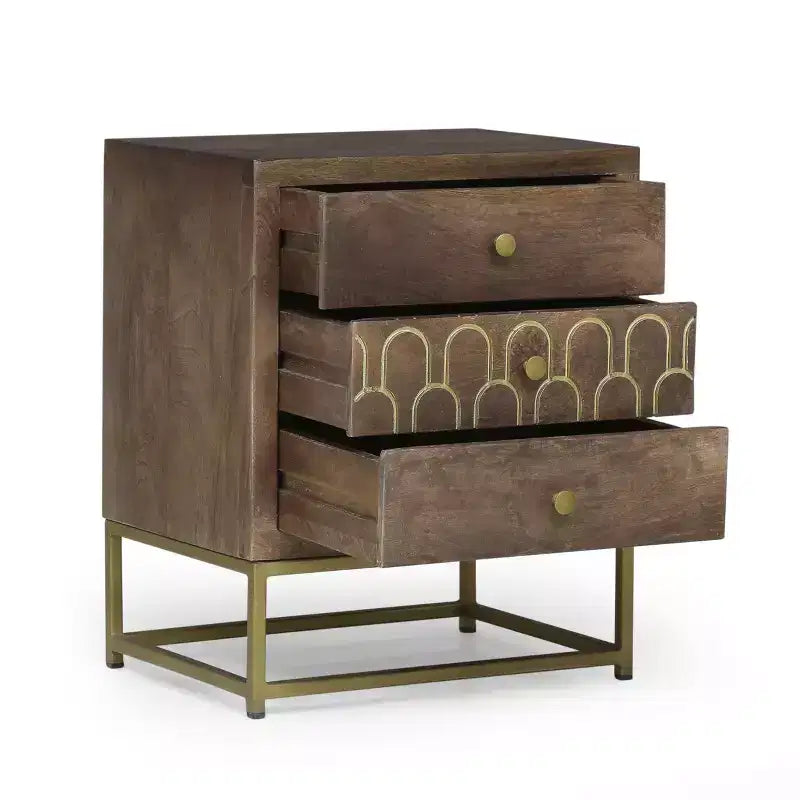 3-Drawer Mango Wood Nightstand with Iron Legs, Mid-Century Modern Bedside Table