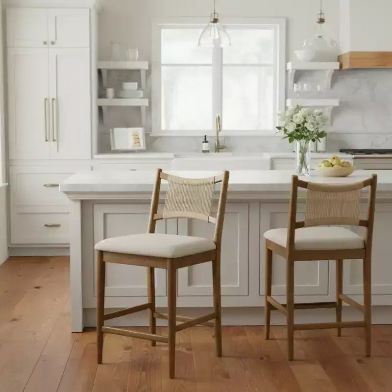 Set of 2 Modern Rubberwood Upholstered Counter Stools with Woven Rope Backrest