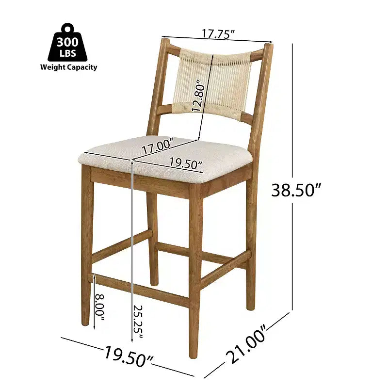 Set di 2 moderni sgabelli da bancone in legno di Hevea rivestiti con schienale in corda intrecciata