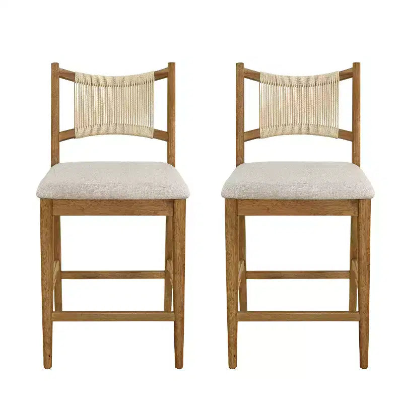 Set of 2 Modern Rubberwood Upholstered Counter Stools with Woven Rope Backrest