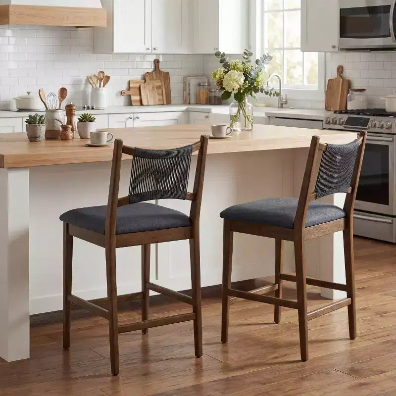 Set of 2 Modern Rubberwood Upholstered Counter Stools with Woven Rope Backrest