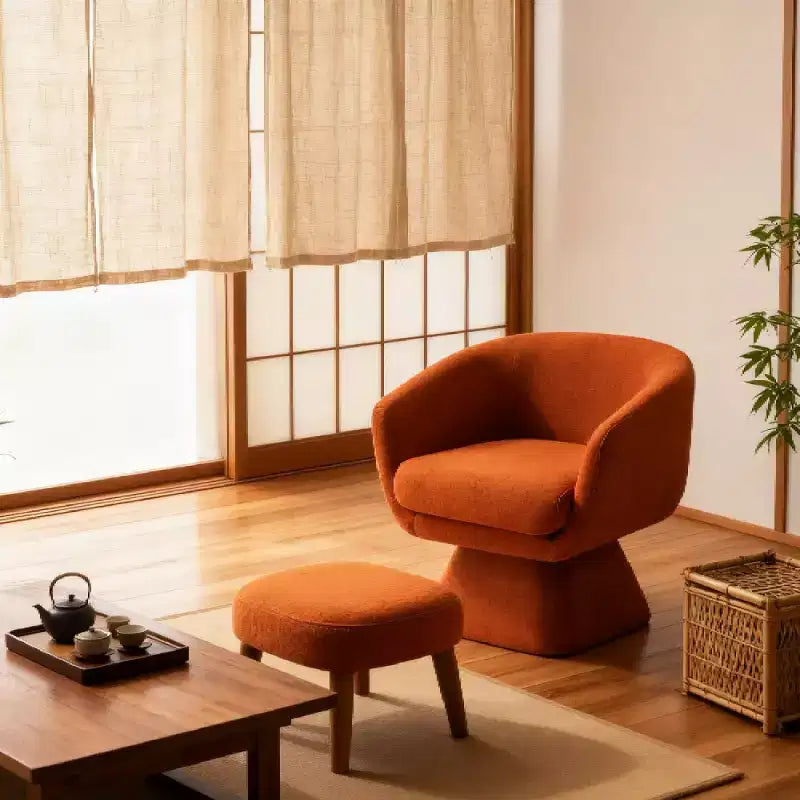 Poltrona girevole moderna e pouf coordinato, poltrona girevole a 360° rivestita in tessuto per soggiorno