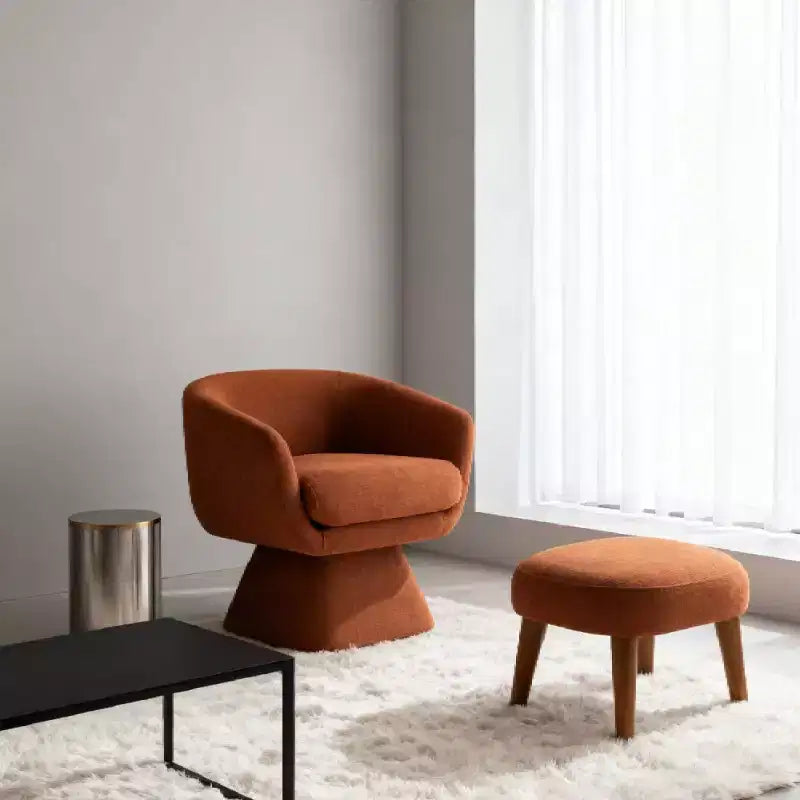 Poltrona girevole moderna e pouf coordinato, poltrona girevole a 360° rivestita in tessuto per soggiorno