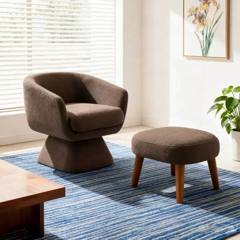 Poltrona girevole moderna e pouf coordinato, poltrona girevole a 360° rivestita in tessuto per soggiorno