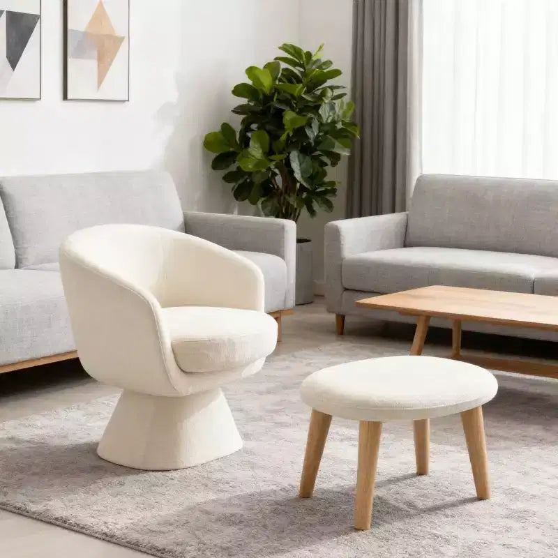 Poltrona girevole moderna e pouf coordinato, poltrona girevole a 360° rivestita in tessuto per soggiorno
