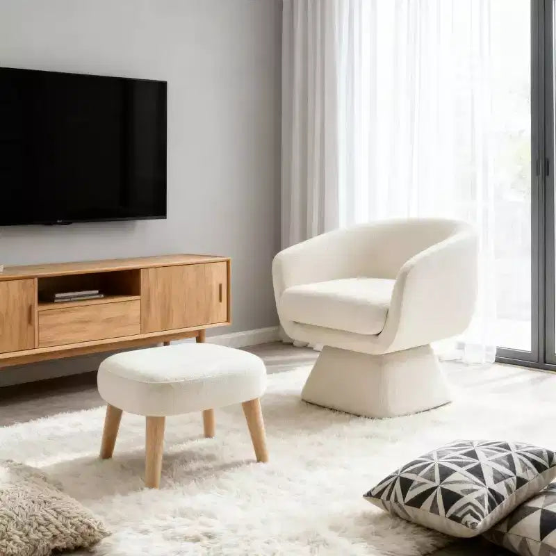 Poltrona girevole moderna e pouf coordinato, poltrona girevole a 360° rivestita in tessuto per soggiorno