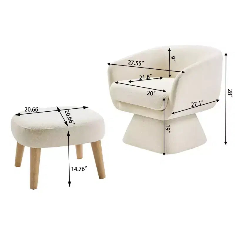 Poltrona girevole moderna e pouf coordinato, poltrona girevole a 360° rivestita in tessuto per soggiorno