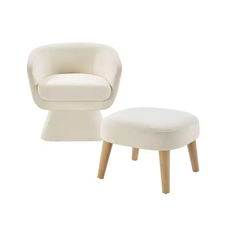 Poltrona girevole moderna e pouf coordinato, poltrona girevole a 360° rivestita in tessuto per soggiorno