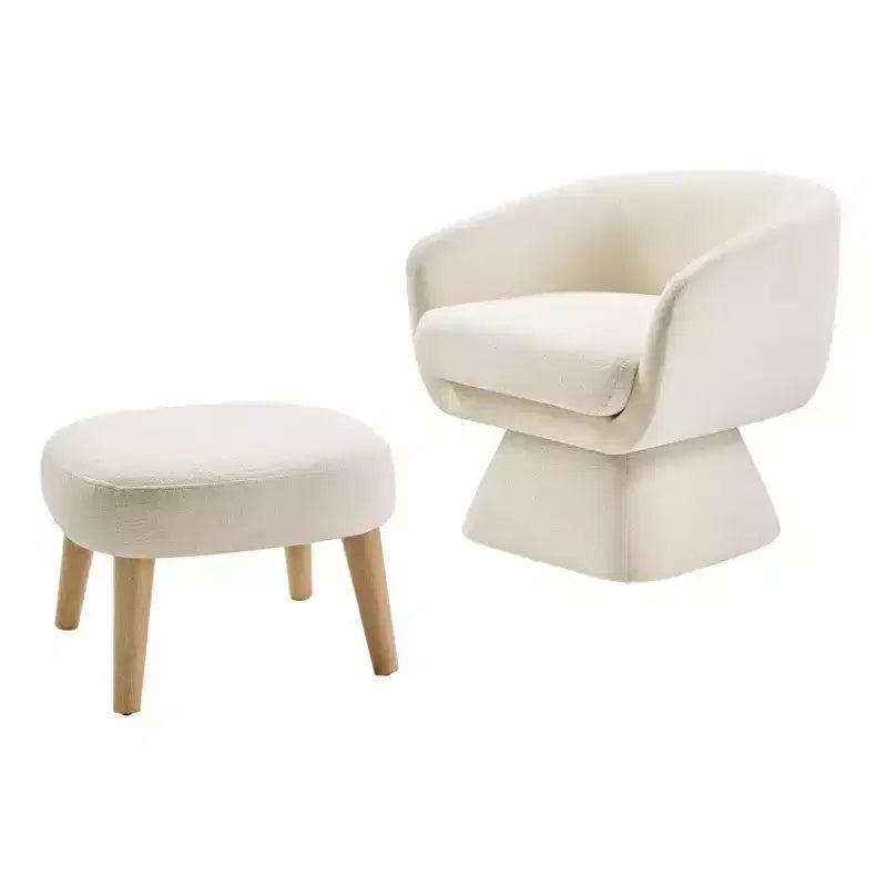 Poltrona girevole moderna e pouf coordinato, poltrona girevole a 360° rivestita in tessuto per soggiorno