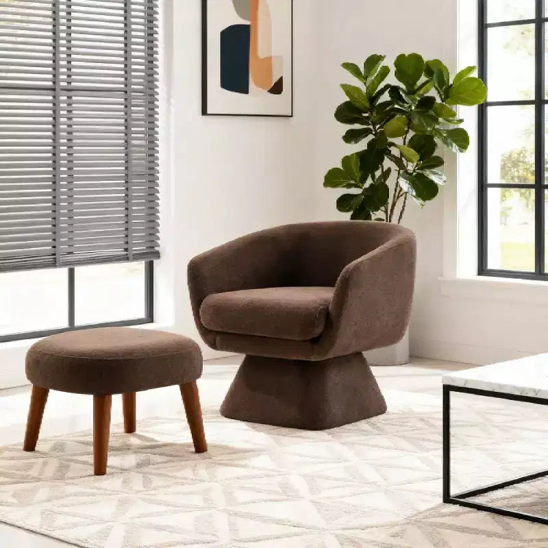 Poltrona girevole moderna e pouf coordinato, poltrona girevole a 360° rivestita in tessuto per soggiorno