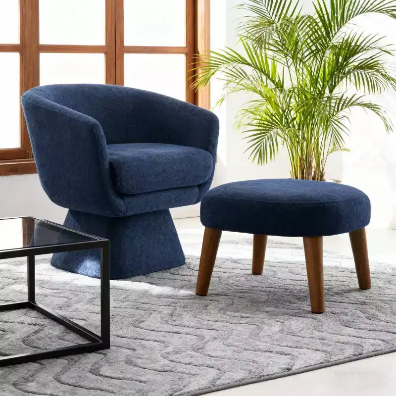 Poltrona girevole moderna e pouf coordinato, poltrona girevole a 360° rivestita in tessuto per soggiorno