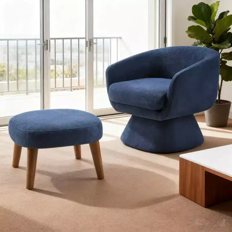 Poltrona girevole moderna e pouf coordinato, poltrona girevole a 360° rivestita in tessuto per soggiorno