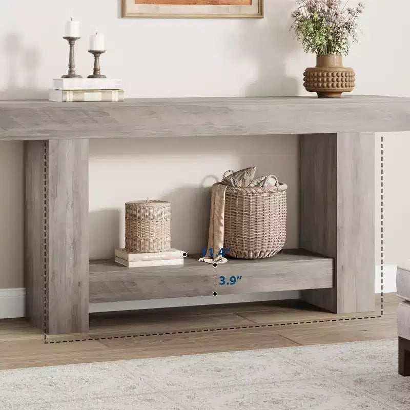 Farmhouse Console Table, 2-Tier Entryway Table with h-Shaped Base, Narrow Entry Table Long Sofa Table Wood Hallway Accent Table for Living Room