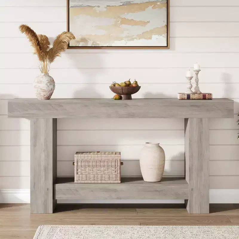 Farmhouse Console Table, 2-Tier Entryway Table with h-Shaped Base, Narrow Entry Table Long Sofa Table Wood Hallway Accent Table for Living Room