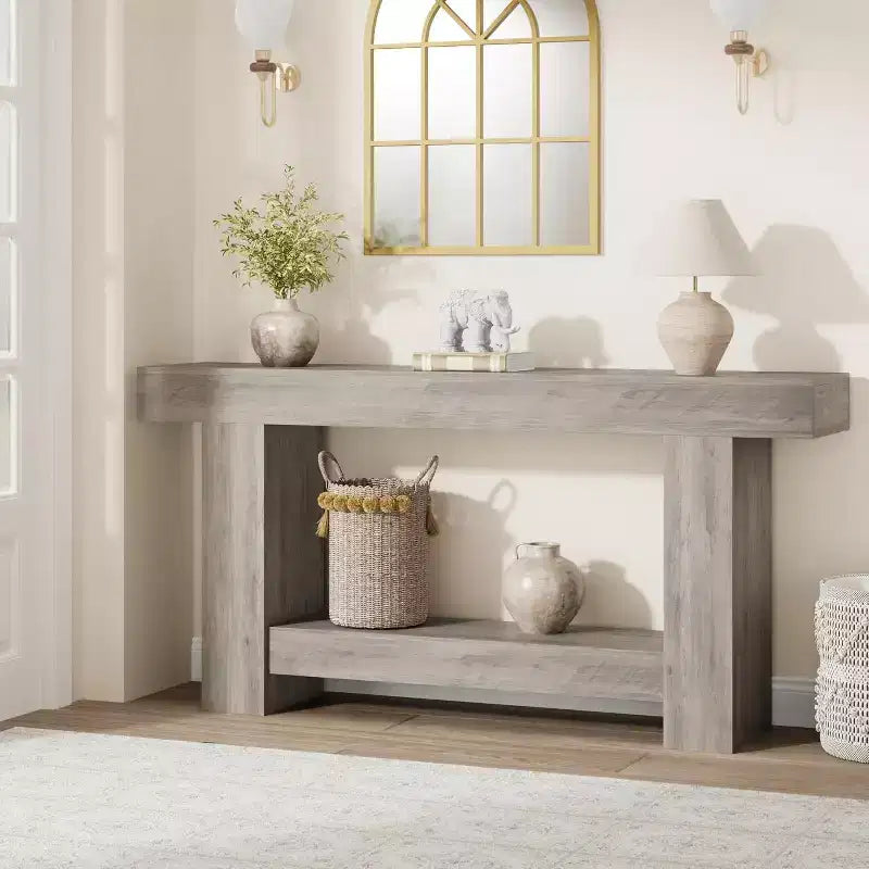 Farmhouse Console Table, 2-Tier Entryway Table with h-Shaped Base, Narrow Entry Table Long Sofa Table Wood Hallway Accent Table for Living Room