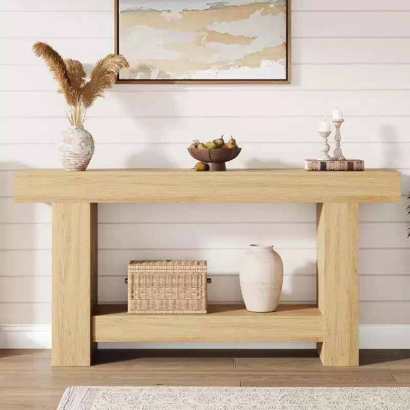 Farmhouse Console Table, 2-Tier Entryway Table with h-Shaped Base, Narrow Entry Table Long Sofa Table Wood Hallway Accent Table for Living Room