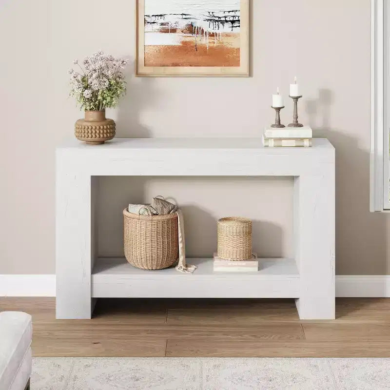 Farmhouse Console Table, 2-Tier Entryway Table with h-Shaped Base, Narrow Entry Table Long Sofa Table Wood Hallway Accent Table for Living Room