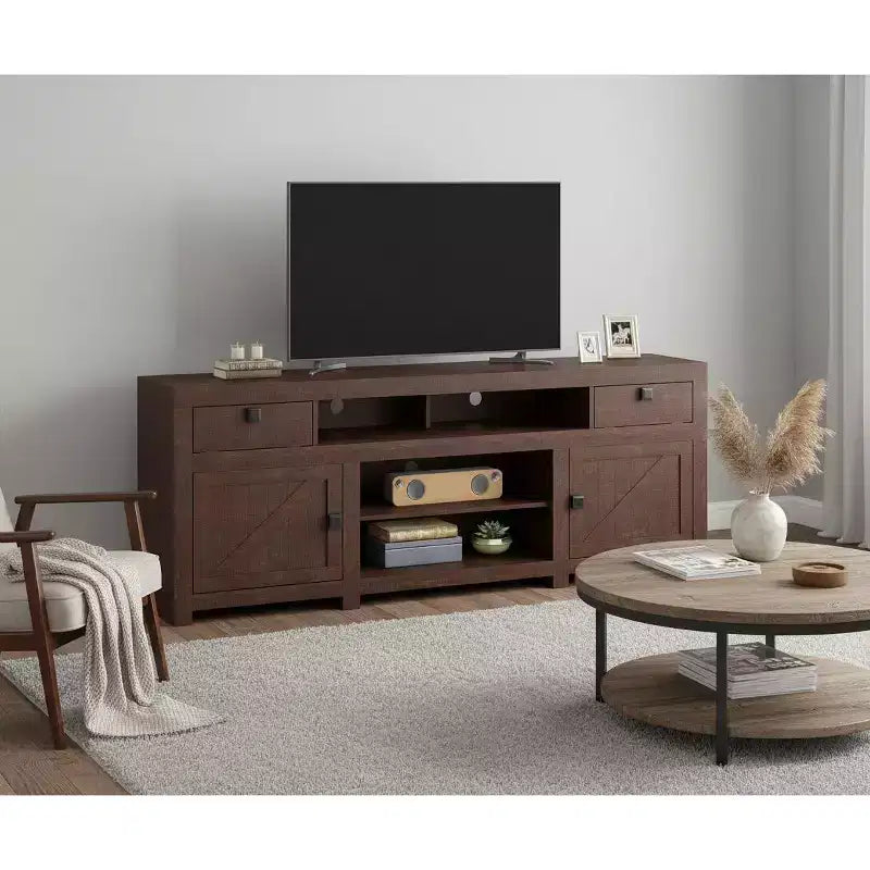 Farmhouse TV Stand for TVs up to 80, Long Entertainment Center with 4 Storage Drawers & 3 Open Shelves, Living Room or Bedroom Console