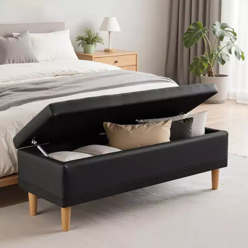 Panca contenitore in pelle PU con scomparto nascosto e scarpiera, pouf da 112 cm, nera