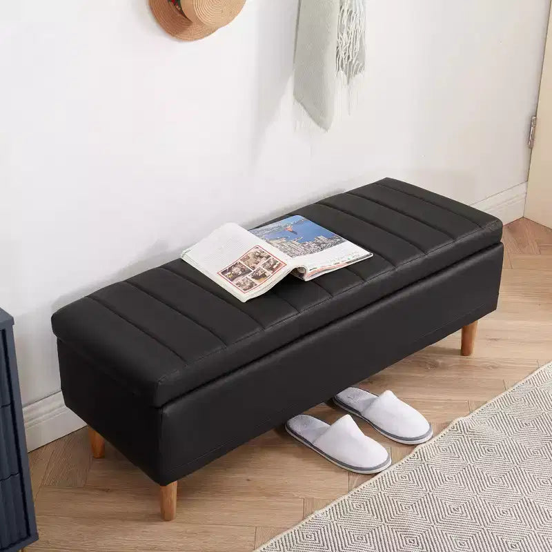 Panca contenitore in pelle PU con scomparto nascosto e scarpiera, pouf da 112 cm, nera