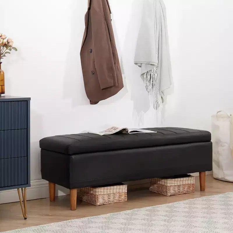 Panca contenitore in pelle PU con scomparto nascosto e scarpiera, pouf da 112 cm, nera