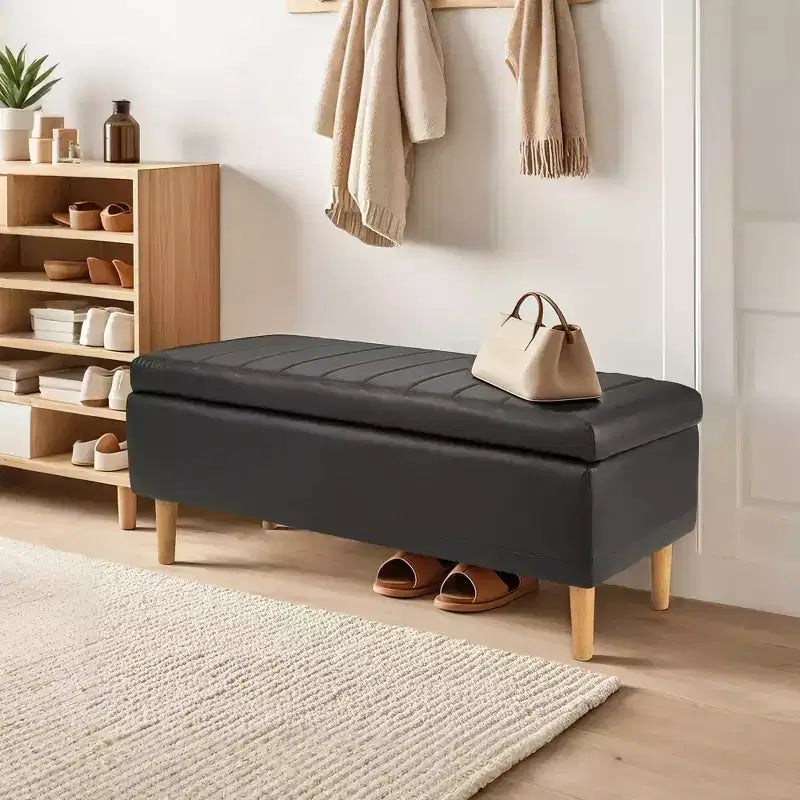Panca contenitore in pelle PU con scomparto nascosto e scarpiera, pouf da 112 cm, nera