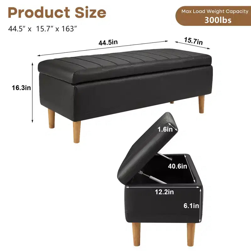 PU Leather Storage Bench with Hidden Compartment & Shoe Shelf, 44" Ottoman, Black