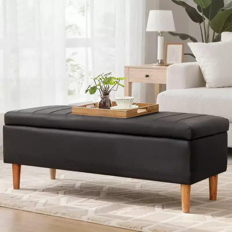 PU Leather Storage Bench with Hidden Compartment & Shoe Shelf, 44" Ottoman, Black