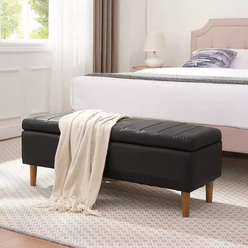 PU Leather Storage Bench with Hidden Compartment & Shoe Shelf, 44" Ottoman, Black