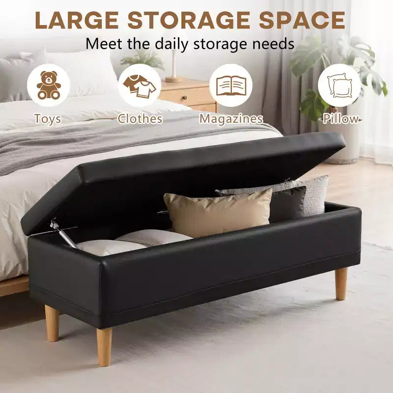 PU Leather Storage Bench with Hidden Compartment & Shoe Shelf, 44" Ottoman, Black
