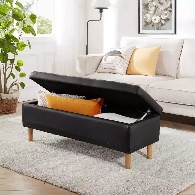 Panca contenitore in pelle PU con scomparto nascosto e scarpiera, pouf da 112 cm, nera