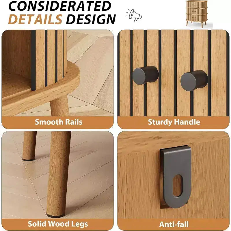 Cassettiera in vimini di metà secolo, cassettiera a 3 cassetti con maniglie nere e gambe in legno per camera da letto e corridoio