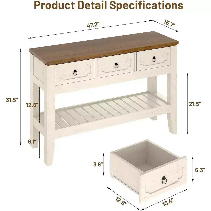 47in Long Console Table, Farmhouse Narrow Entryway Sofa Table with Drawers and Bottom Shel for Living Room Entrance Foyer, Rustic White