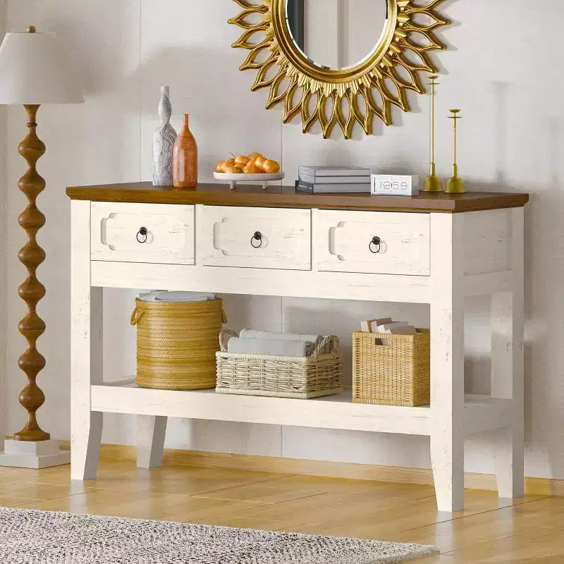 47in Long Console Table, Farmhouse Narrow Entryway Sofa Table with Drawers and Bottom Shel for Living Room Entrance Foyer, Rustic White