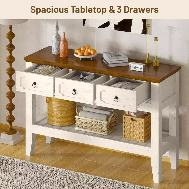 47in Long Console Table, Farmhouse Narrow Entryway Sofa Table with Drawers and Bottom Shel for Living Room Entrance Foyer, Rustic White