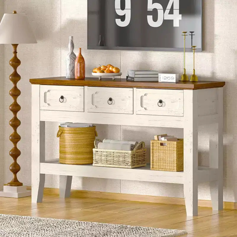 47in Long Console Table, Farmhouse Narrow Entryway Sofa Table with Drawers and Bottom Shel for Living Room Entrance Foyer, Rustic White