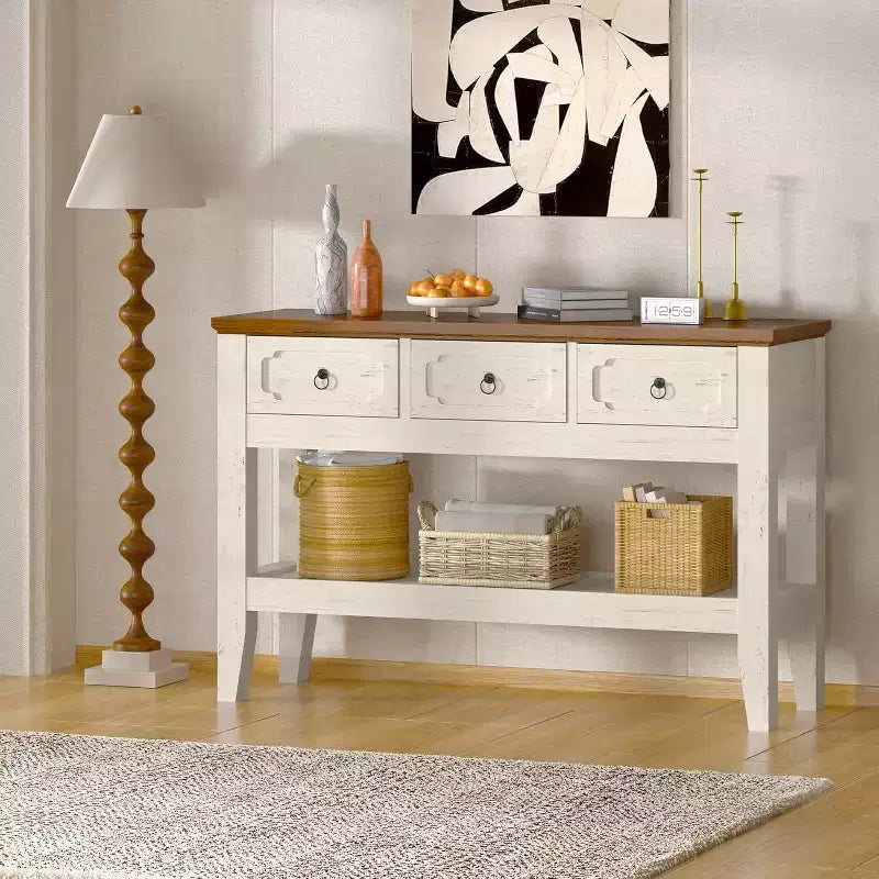 47in Long Console Table, Farmhouse Narrow Entryway Sofa Table with Drawers and Bottom Shel for Living Room Entrance Foyer, Rustic White
