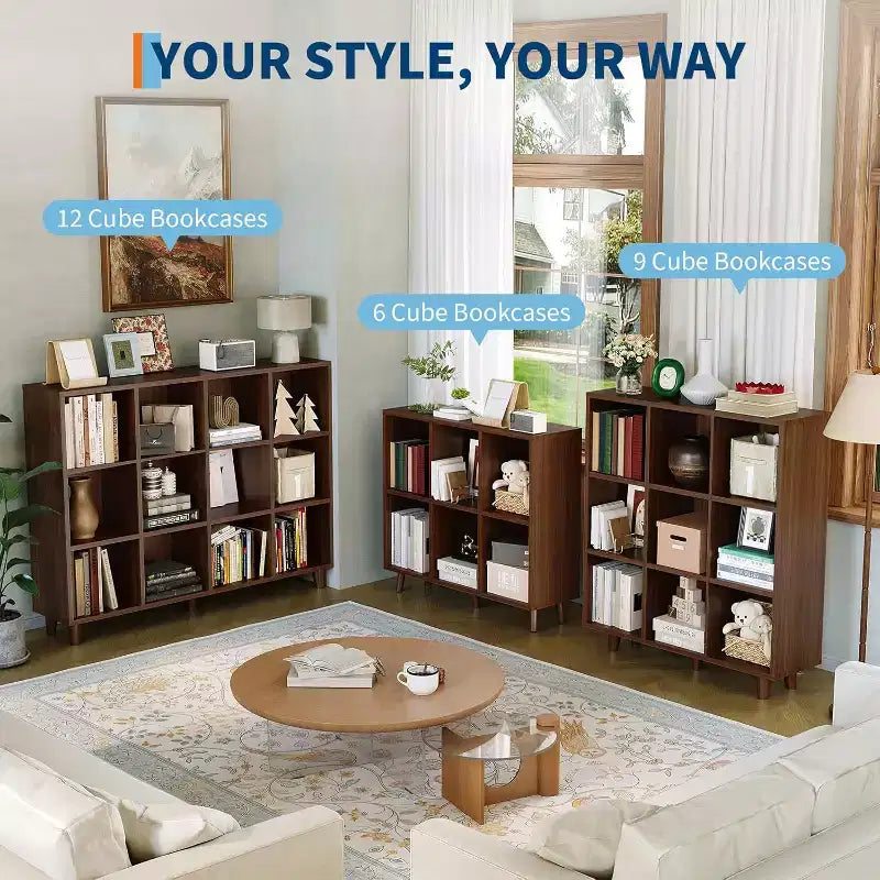 Organizzatore libreria a cubi, Scaffale aperto autoportante con base a gambe, Scaffale espositivo moderno, Mobile contenitore per ufficio domestico, soggiorno, camera da letto