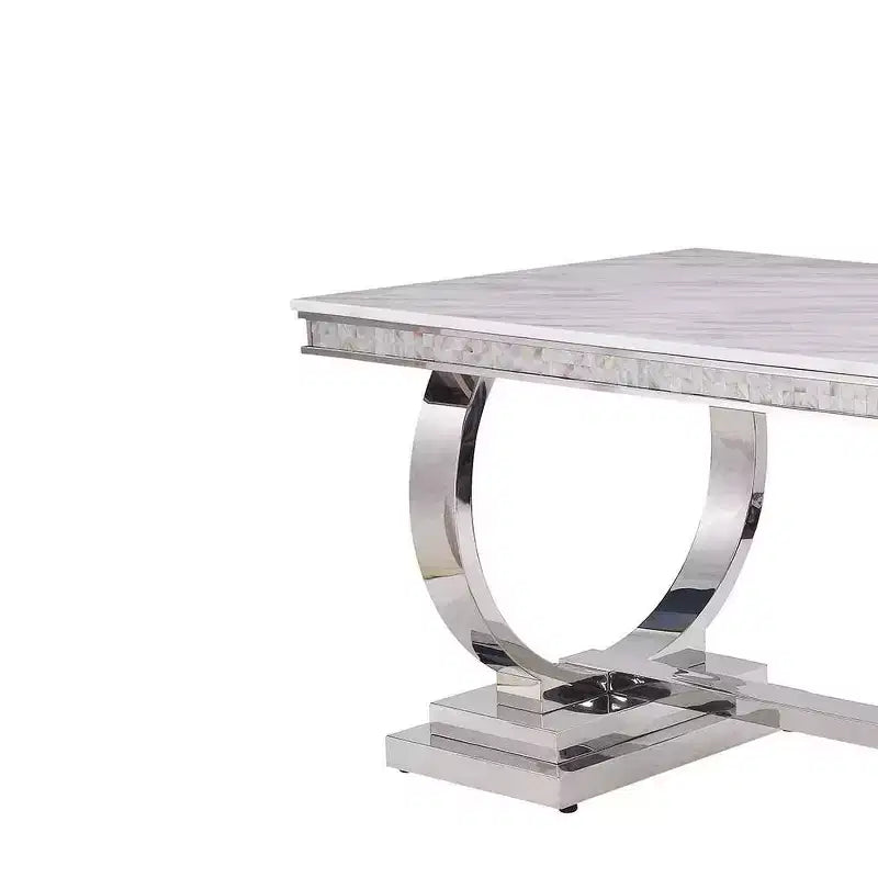 Faux Marble Top Dining Table with Mirrored Silver Base, Modern Rectangular Table for Dining Room