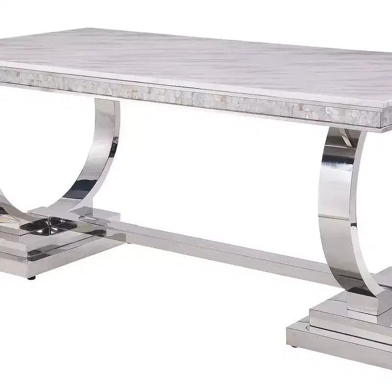 Faux Marble Top Dining Table with Mirrored Silver Base, Modern Rectangular Table for Dining Room