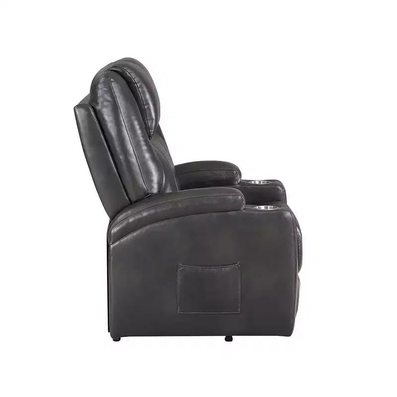 Power Lift Recliner Sofa in Gunmetal Leather Aire with Cup Holders & Pocket Coil Seat
